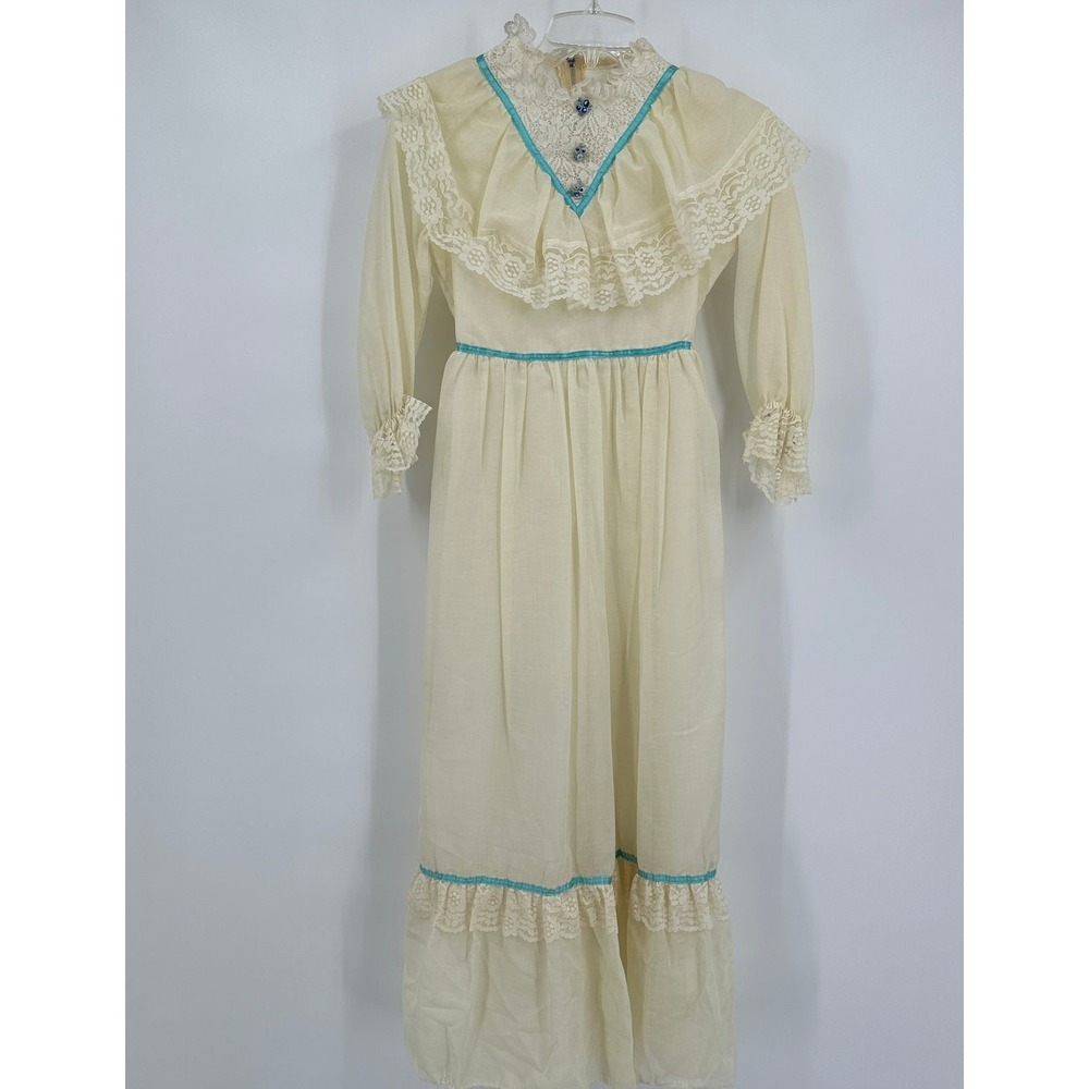 Womens Vintage‎ 70s Cottagecore Prairie Maxi Dress Size 2 Lace Ruffle Victorian
